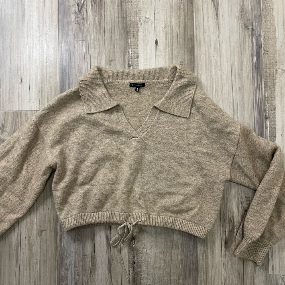 Dynamite Collared V-Neck Cropped Drawstring Sweater